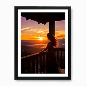 Woman Basking In Sunsets Glow On A Mountain Porch Silhouette Against A Sky Painted With Hues Of Or (1) Art Print