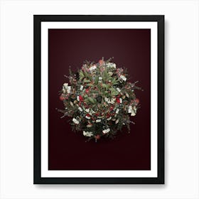 Vintage White Honeysuckle Plant Flower Wreath on Wine Red n.2233 Art Print
