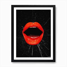 Night Sky Stars Red Lips Collage In Black Art Print