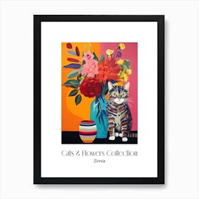 Cats & Flowers Collection Zinnia Flower Vase And A Cat, A Painting In The Style Of Matisse 1 Art Print