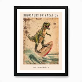 Vintage Tyrannosaurus Dinosaur On A Surf Board 3 Poster Art Print