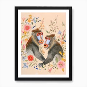 Folksy Floral Animal Drawing Monkey Art Print