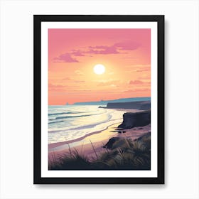 Illustration Of Gwithian Beach Cornwall In Pink Tones 3 Art Print