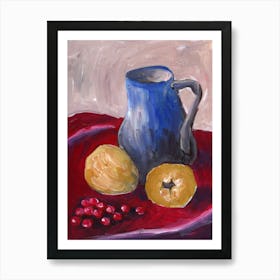 Quinces And A Blue Jug - painting still life vertical blue yellow Anton Maliar kitchen Art Print