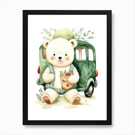 Baby Polar Bear On A Toy Car, Watercolour Nursery 1 Art Print