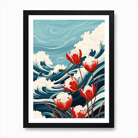 Great Wave With Tulip Flower Drawing In The Style Of Ukiyo E 1 Art Print