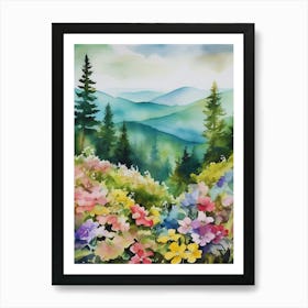 Smoky Mountains Painting, Spring Flowers, Watercolor Art, Appalachian Mountain Landscape Wall Art, Mountain Forest Print..183 Art Print