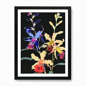 Neon Flowers On Black Aconitum 3 Art Print