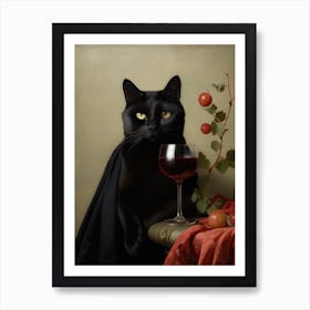 A Black Cat With A Wine Glass In Front Of Him Painting Art Print