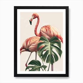 Lesser Flamingo And Monstera Deliciosa Boho Print 2 Art Print