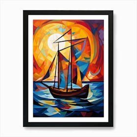 Sailing Boat at Sunset III, Avant Garde Vibrant Colorful Painting in Cubism Picasso Style Art Print
