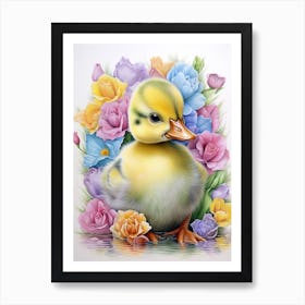 Floral Duckling Detailed Pencil Illustration 2 Art Print
