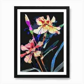 Neon Flowers On Black Carnation Dianthus 3 Art Print