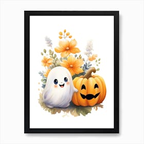Cute Ghost With Pumpkins Halloween Watercolour 103 Art Print