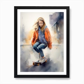 Girl Skateboarding In Copenhagen, Denmark Watercolour 2 Art Print
