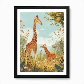 Modern Illustration Of Two Giraffes In The Sunset 1 Art Print