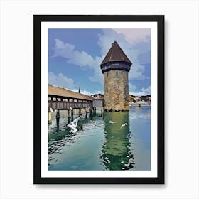 Chapel Bridge and Water Tower, Lucerne. An iconic view of Lucerne's Chapel Bridge and Water Tower, reflecting in the pristine Reuss River. The medieval structure, surrounded by calm waters and lively seagulls, showcases the city’s historical charm under a bright sky. 1 Art Print