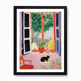 Open Window Orange With A Black Cat Art Print