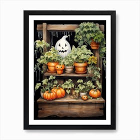 Cute Bedsheet Ghost, Botanical Halloween Watercolour 152 Art Print