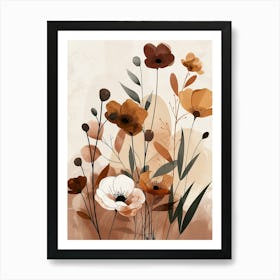 Flowers In Beige, Brown And White Tones, Using Simple Shapes In A Minimalist And Elegant 12 Art Print