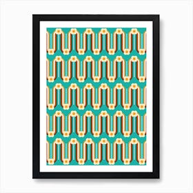 Retro Wavy Rainbows And Flowers Teal, Orange, Chocolate Art Print