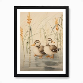 Ducklings With Pond Grass Japanese Woodblock Style 1 Póster