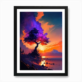 Purple Tree Orange Sunset Art Print