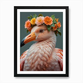 Flamingo In Flower Crown European Robin Art Print