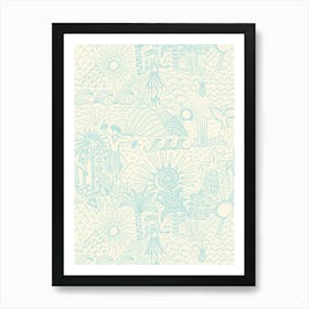 Hawaiian Toile Polynesian Hula Dance Tropical Landscape Pastel Blue Cream White Art Print