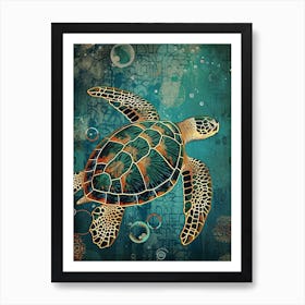 Textured Sea Turtle Collage With Bubbles 3 Art Print