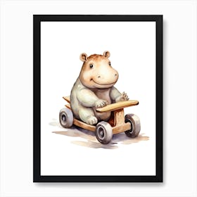 Baby Hippopotamus On Toy Car, Watercolour Nursery 3 Art Print