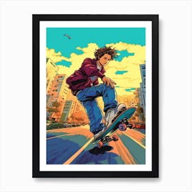 Skateboarding In Santiago, Chile Comic Style 1 Art Print