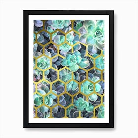 Green Succulents and Gold Geometry Art Print