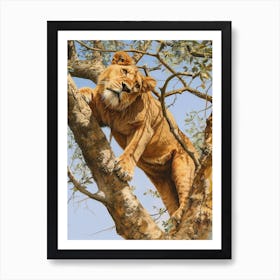 Barbary Lion Climbing A Tree Acrylic Painting 1 Art Print