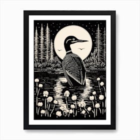 B&W Bird Linocut Common Loon 4 Art Print