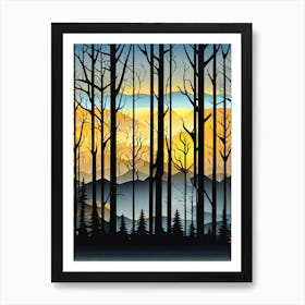 Sunset In The Woods,   Forest bathed in the warm glow of the setting sun, forest sunset illustration, forest at sunset, sunset forest vector art, sunset, forest painting,dark forest, landscape painting, nature vector art, Forest Sunset art, trees, pines, spruces, and firs, black, blue and yellow, woods Art Print