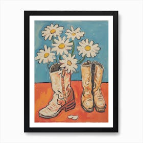 A Painting Of Cowboy Boots With Daisies Flowers, Pop Art Style 13 Art Print