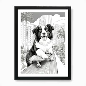 Border Collie Dog Skateboarding Line Art 3 Art Print