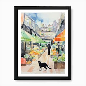 Food Market With Cats In Tokyo 3 Watercolour Art Print