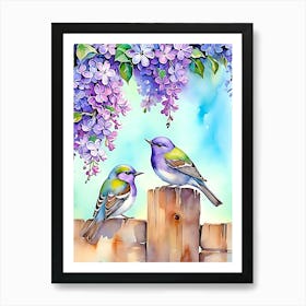 Two Birds Perched On A Fence Art Print