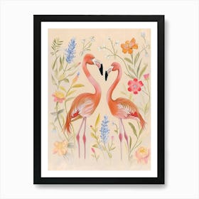 Folksy Floral Animal Drawing Flamingo 3 Art Print