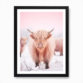 Highland Cow In The Snow Pink Filter Portrait 3 Art Print