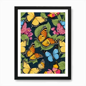 Colorful Butterflies On A Blue Background Art Print