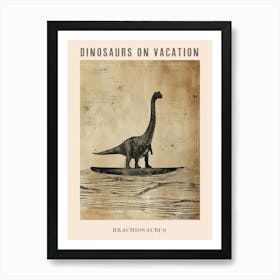 Vintage Brachiosaurus Dinosaur On A Surf Board 3 Poster Art Print