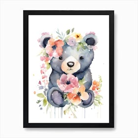 Watercolor Bear With Flowers Art Print