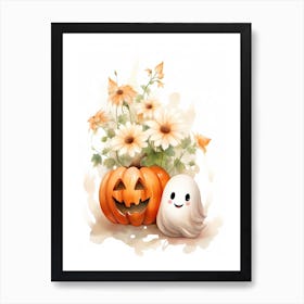 Cute Ghost With Pumpkins Halloween Watercolour 19 Art Print