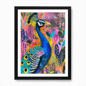 Peacock & Feathers Colourful Portrait 3 Art Print