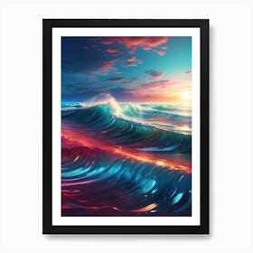 Ocean Waves At Sunset Print Art Print