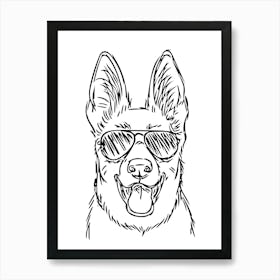 German Shepherd Dog In Sunglasses Monoline Simple Line Art Drawing Art Print