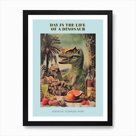 Dinosaur Drinking Wine Retro Collage 2 Poster Art Print